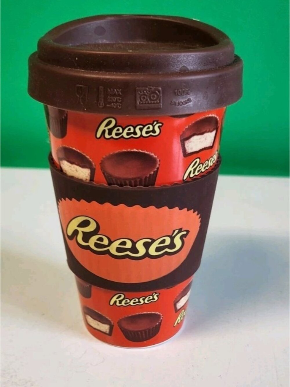 Reese's Peanut Butter Cup Travel Coffee Mug Silicone Grip Ceramic 16 oz Tumbler